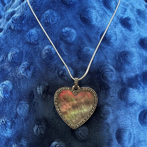 Abalone (Mother of Pearl) Heart Pendant, Marcasite Accents, Thai Sterling Silver - Picture 2 of 10